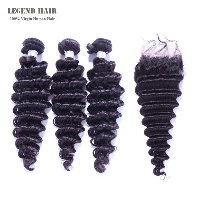 Brazilian Virgin Hair Deep Wave 3 Pcs With A Lace Closure