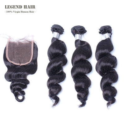Brazilian Virgin Hair Loose Wave 3 Pcs With A Lace Closure