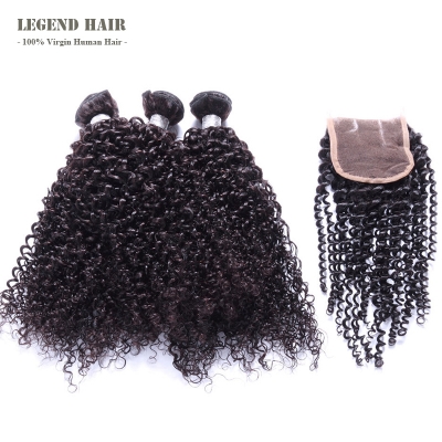 Peruvian Virgin Hair Kinky Curly 3 Pcs With A Lace Closure